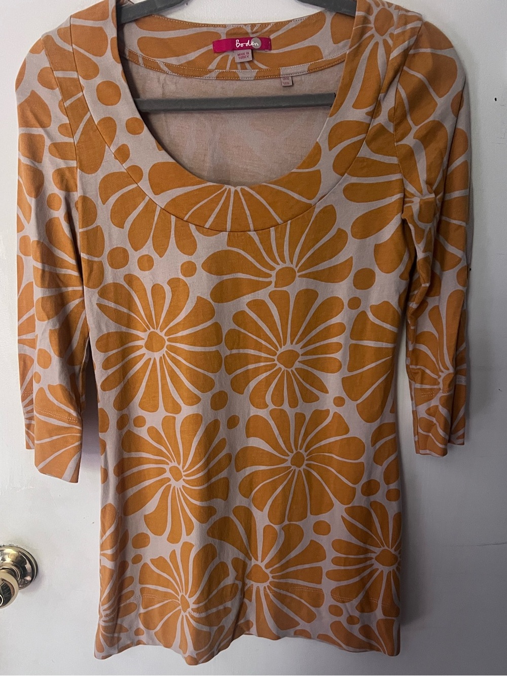 Boden Mustard and Cream Floral Scoop-Neck Long Sleeve Top